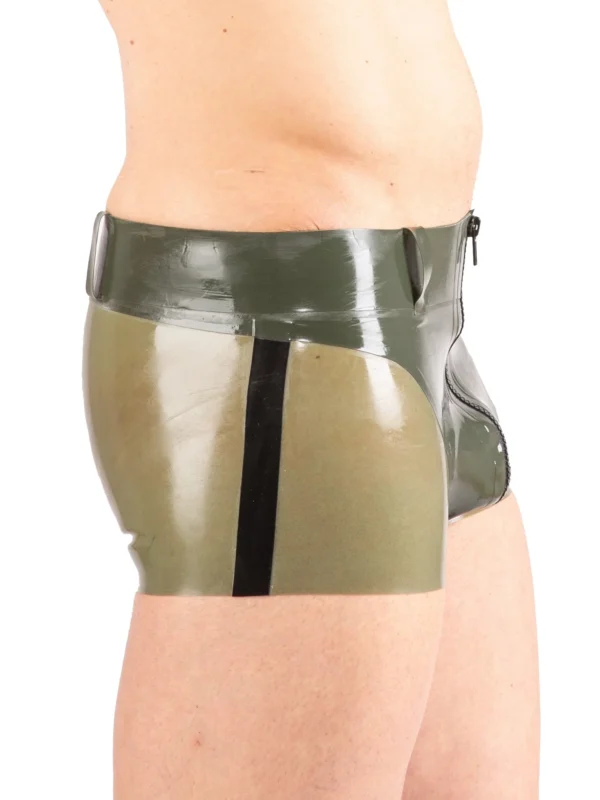 Military-Style Latex Shorts with Belt – Olive Green Front & Sheer Back