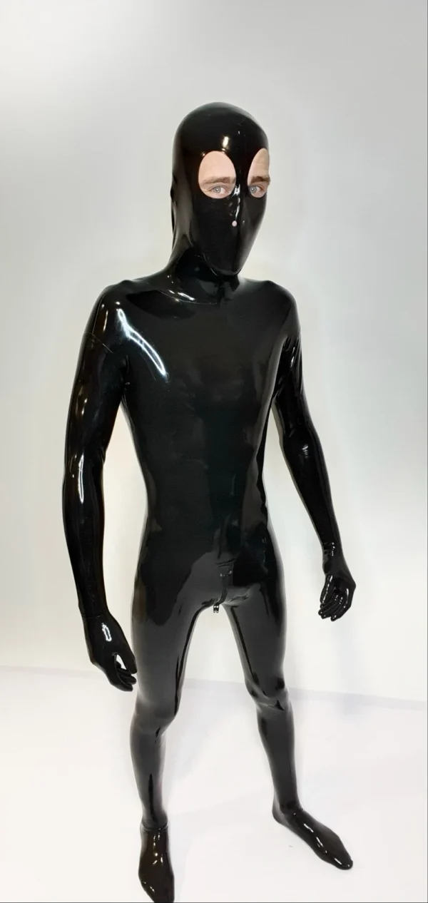 Full Cover Latex Zentai Catsuit with Integrated Hood, Hands & Feet – Black