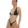 High-Waisted Latex Thong & Plunge Bra Set – Sleek Black Two-Piece Lingerie