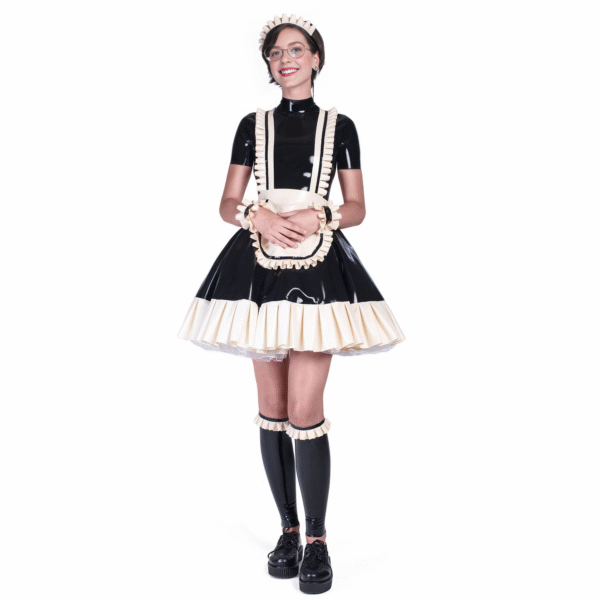 Elegant French Maid Latex Dress Set with Flared Skirt and Accessories