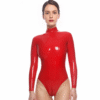 Red High-Neck Latex Bodysuit with Dual Zippers – Sleek Rave-Inspired Fit