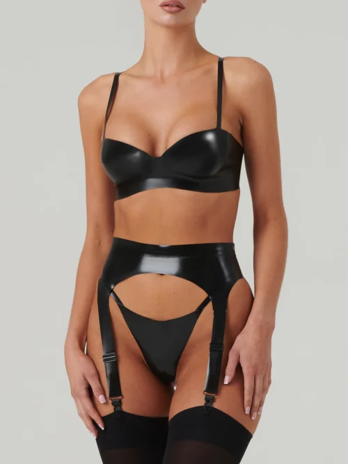 High-Shine Latex Lingerie Set with Garter Belt – Serra Style