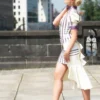 Sakura Striped Latex High-Low Skirt with Back Ruffle