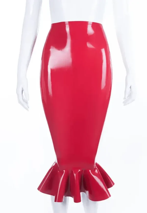 High-Waisted Red Latex Pencil Skirt with Flared Ruffle Hem