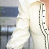 Elegant Ruffle Trim Latex Blouse with Puff Sleeves and Stud Front Closure
