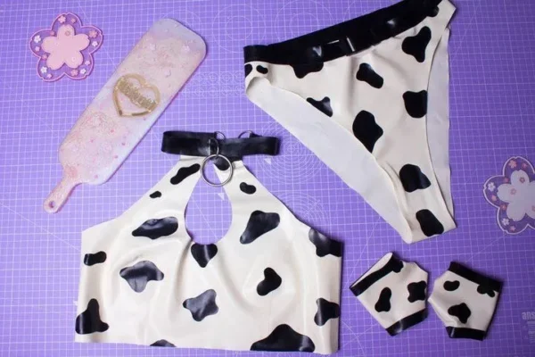 Cow Print Latex Keyhole Bikini Set with Collar and Cuffs
