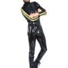 Black Latex Catsuit with Yellow Sleeve Stripes – Full-Body Fetish Suit for Men