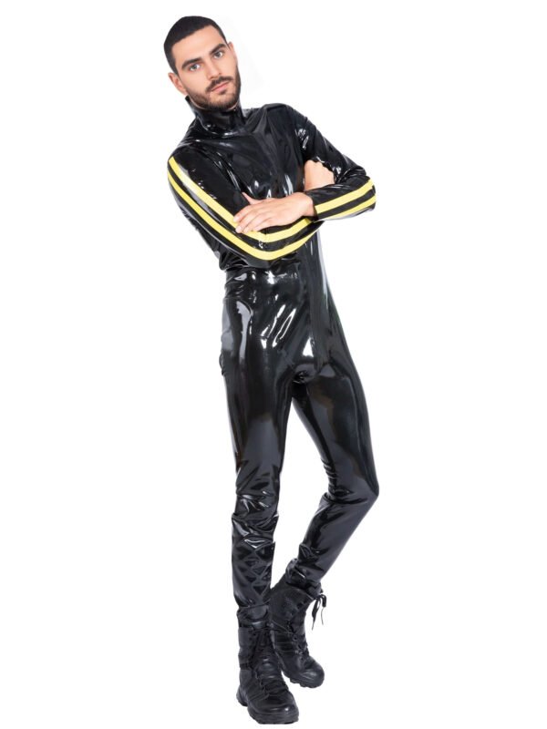 Black Latex Catsuit with Yellow Sleeve Stripes – Full-Body Fetish Suit for Men