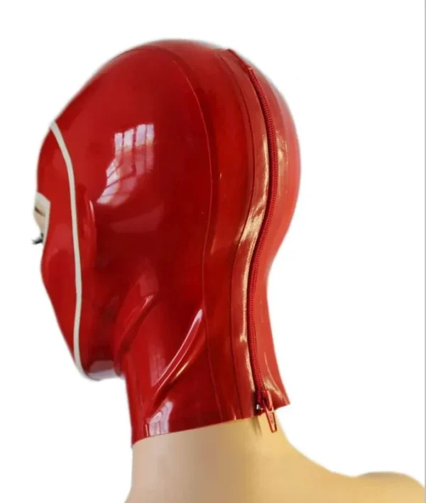 Red Latex Hood with Contrast Trim and Back Zipper