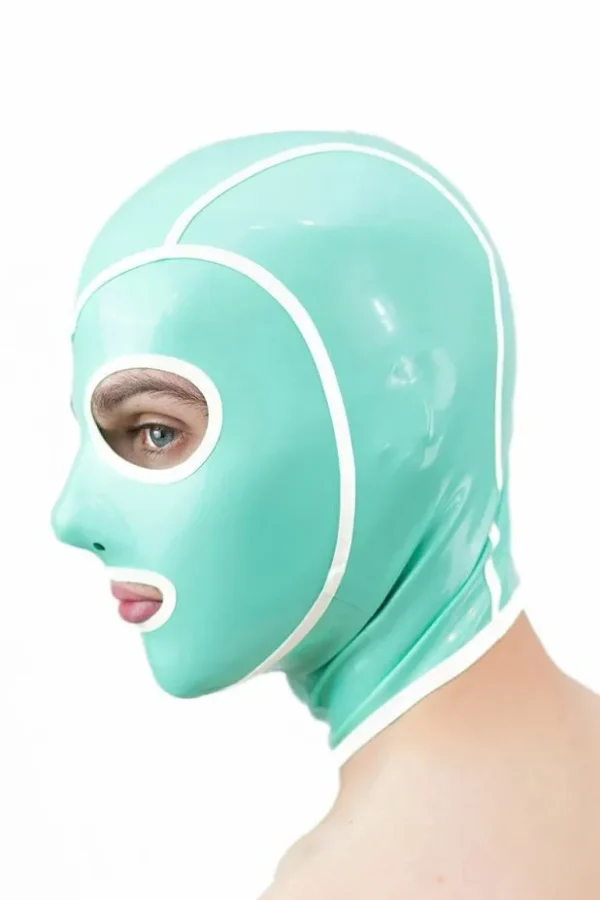 Mint Green Latex Hood with White Trim – Round Eye Cutouts & Rear Zipper