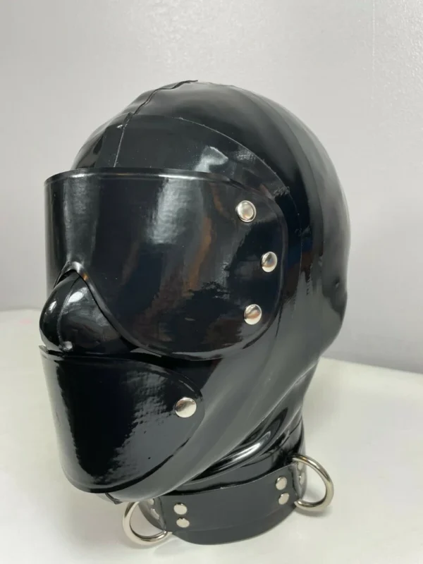 Heavy-Duty Latex Gimp Hood with Detachable Blindfold, Collar and D-Rings – 0.80mm Rubber Mask with Back Zipper