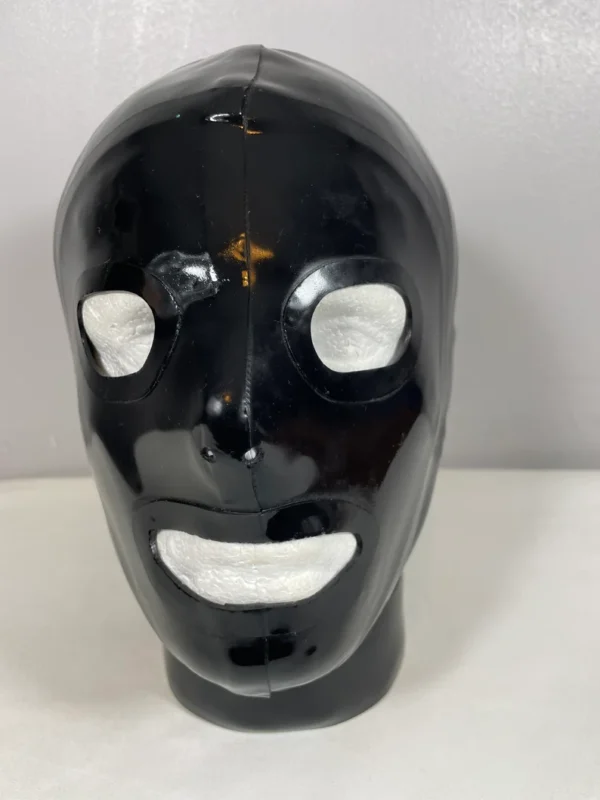 Classic Black Latex Gimp Hood with Open Eyes and Mouth + Optional Collar