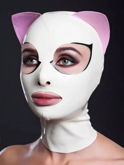 White Latex Cat Mask with Pink Ears and Black Eyelash Detail