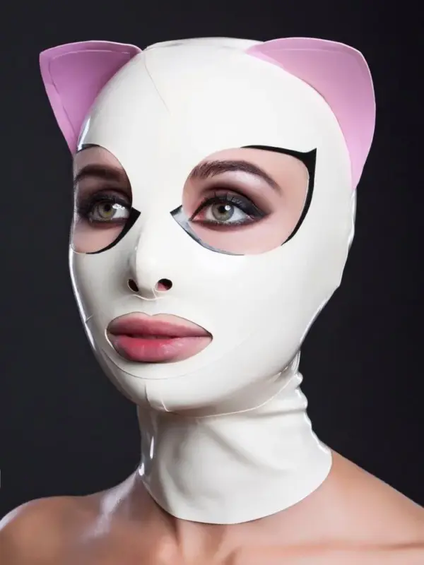 White Latex Cat Mask with Pink Ears and Black Eyelash Detail