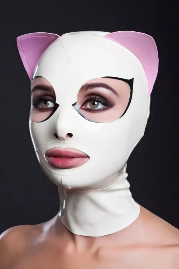 White Latex Cat Mask with Pink Ears and Black Eyelash Detail