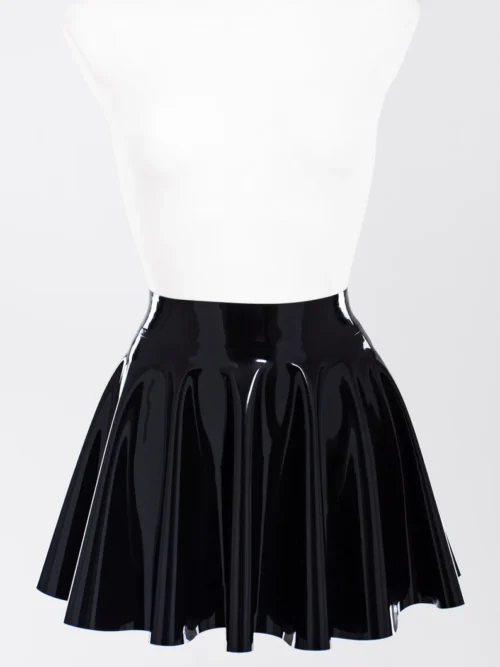 High-Shine Black Latex Flared Mini Skirt – No Zipper, Ultra-Stretchy Fit