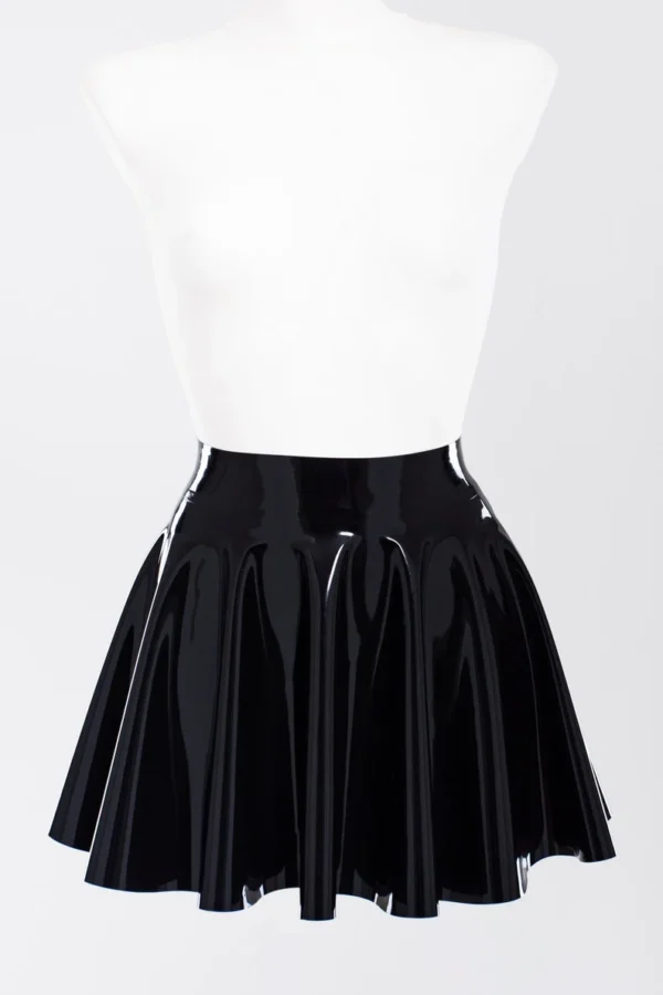 High-Shine Black Latex Flared Mini Skirt – No Zipper, Ultra-Stretchy Fit