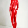Flaming Red Latex Sleeveless Bodysuit with Black Racing Stripes and Full Zip Access