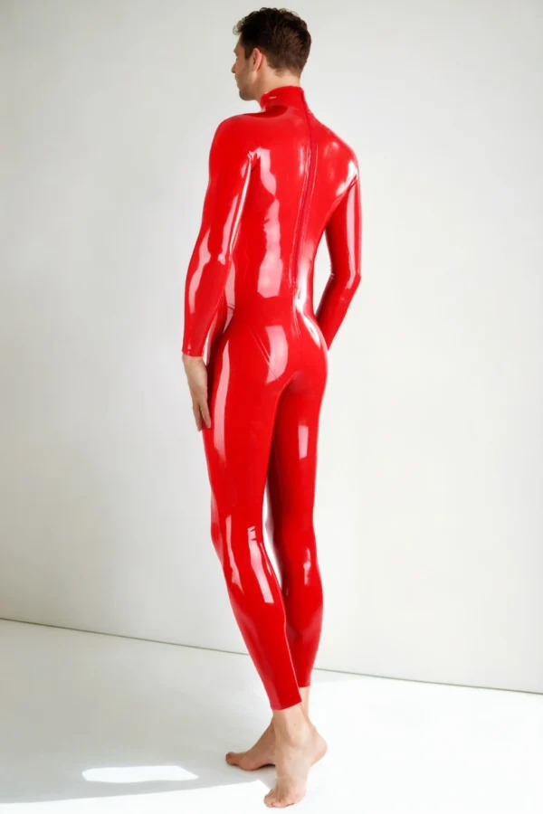 Flaming Red Latex Sleeveless Bodysuit with Black Racing Stripes and Full Zip Access