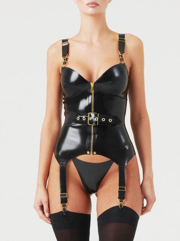 Latex Queen Harness Corset Top with Gold Zip and Belt
