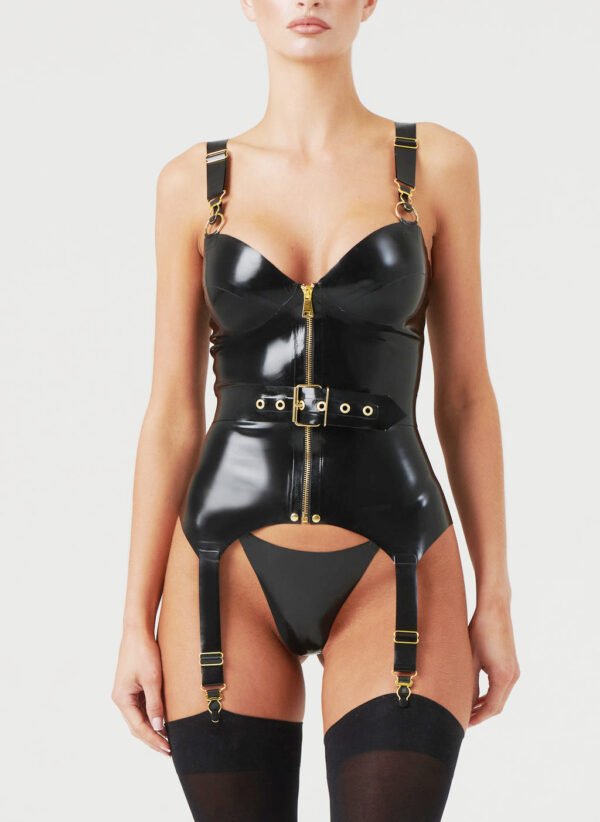 Latex Queen Harness Corset Top with Gold Zip and Belt