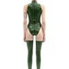 Metallic Green Latex Bodysuit with High Neck and Back Zipper