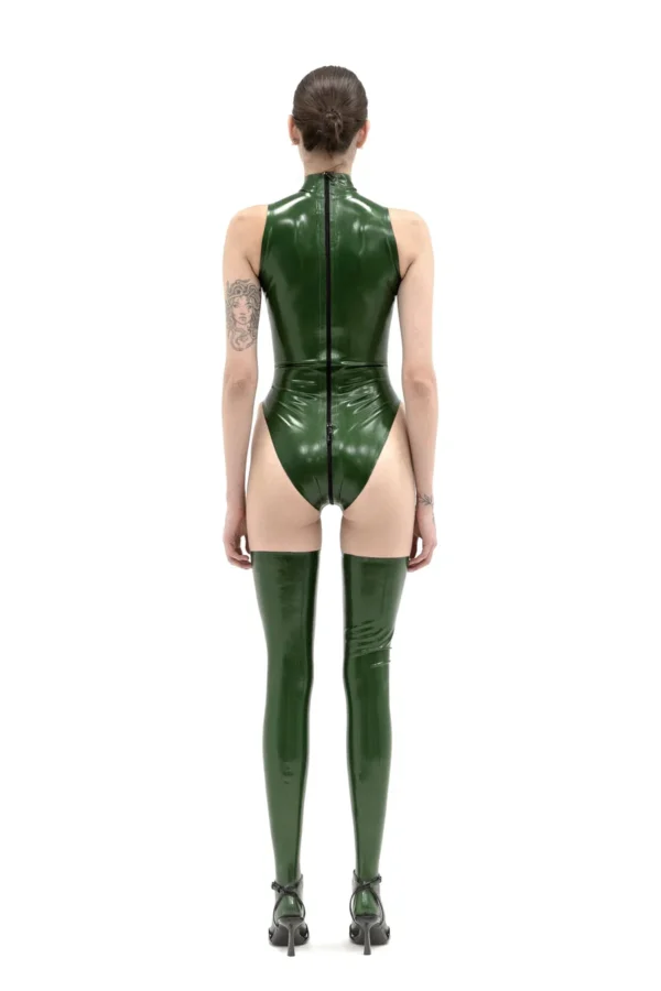 Metallic Green Latex Bodysuit with High Neck and Back Zipper
