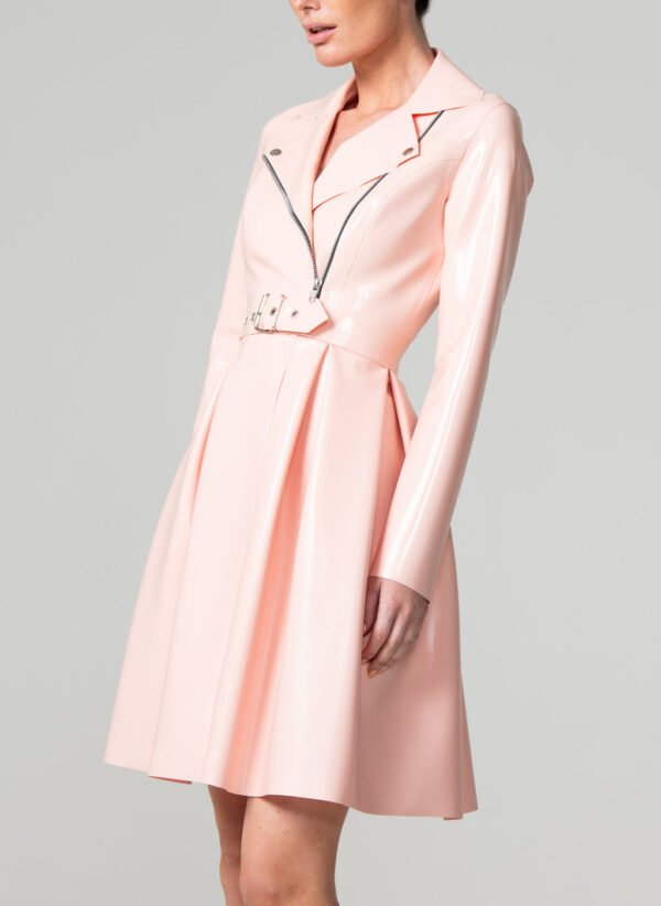 Elegant Pink Latex Pleated Trench Coat with Belt & Zip Detail