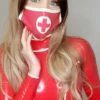 Red Latex Nurse Face Mask with White Cross – Medical Fetish Accessory