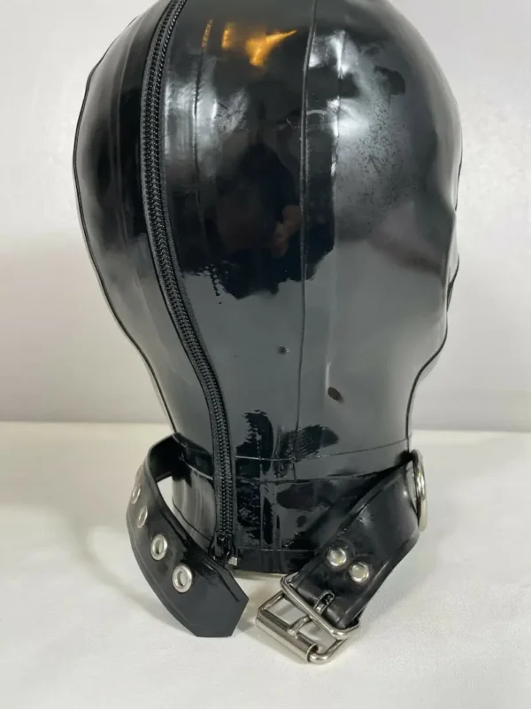 Latex Hood with Pinhole Eyes and Open Mouth – Back Zip & D-Ring Collar