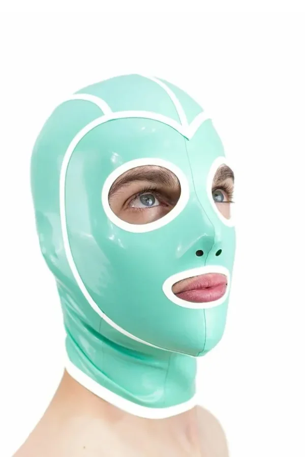 Mint Green Latex Hood with White Trim – Round Eye Cutouts & Rear Zipper