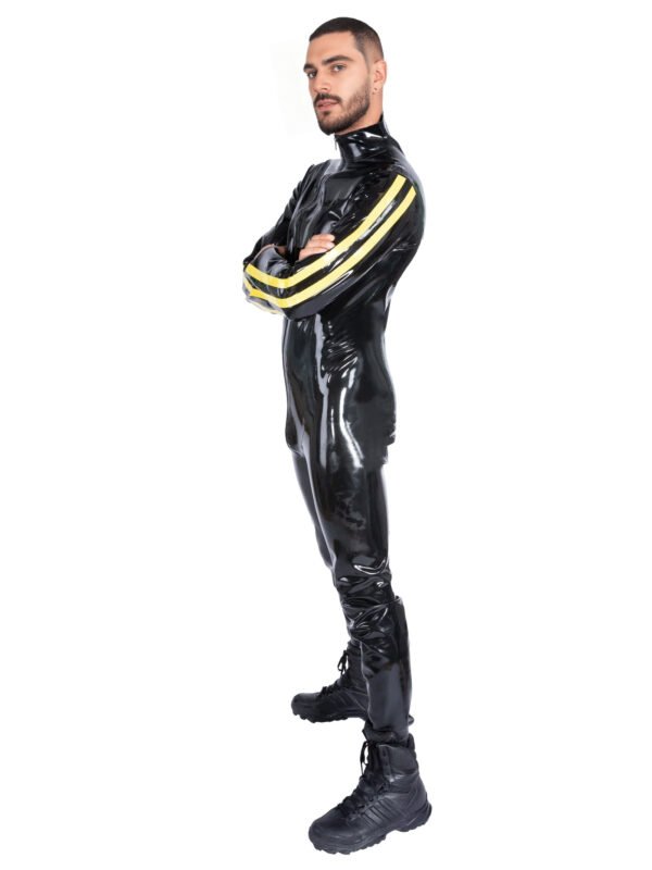 Black Latex Catsuit with Yellow Sleeve Stripes – Full-Body Fetish Suit for Men