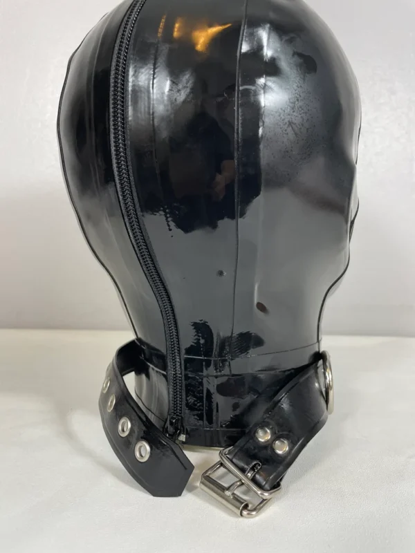 Classic Black Latex Gimp Hood with Open Eyes and Mouth + Optional Collar