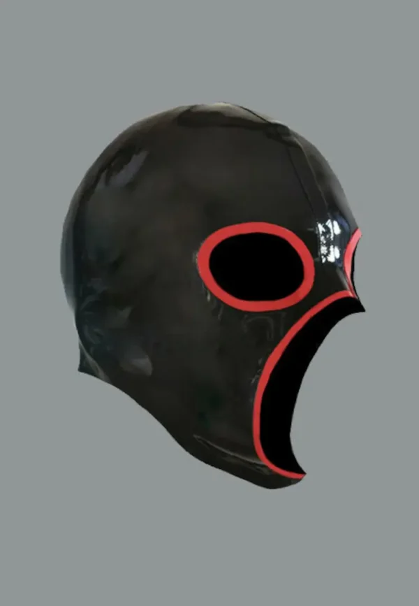 Black Latex Exterminator Hood – Highlighted Open Eyes and Trimmed Mouth Mask