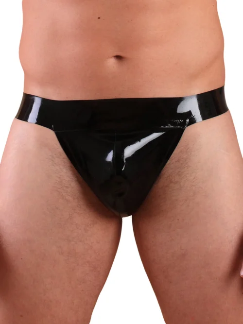 Bold Black Latex Jock Strap with Contoured Pouch and Open Back