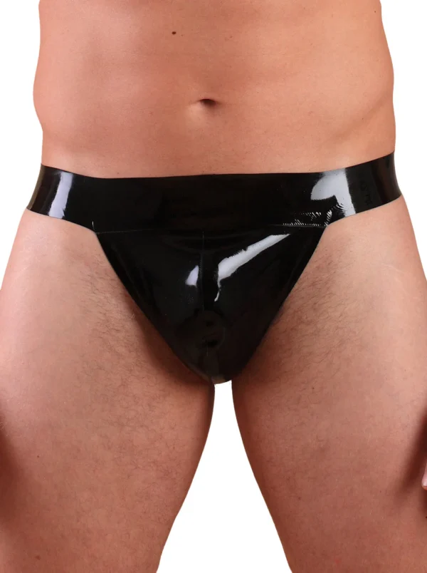 Bold Black Latex Jock Strap with Contoured Pouch and Open Back