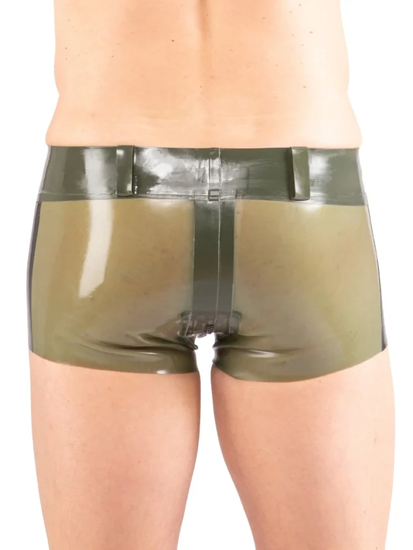 Military-Style Latex Shorts with Belt – Olive Green Front & Sheer Back
