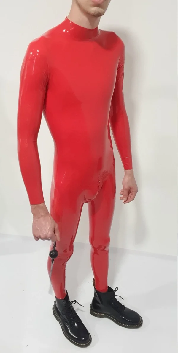 Luxe Red Latex Catsuit with Dual Zippers and 3D Contour Design
