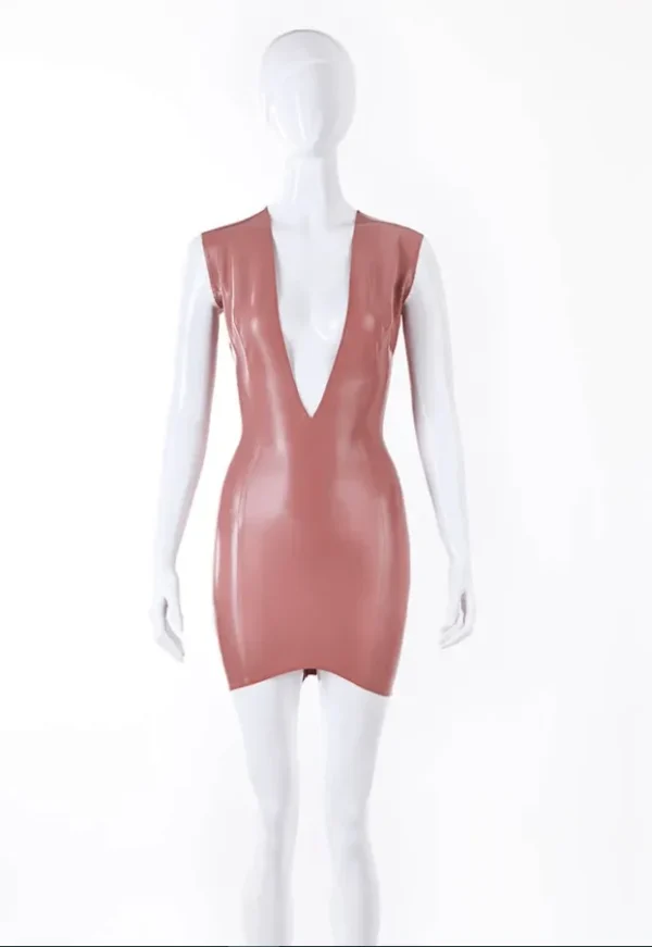 Deep V-Cut Latex Mini Dress with Rear Zipper