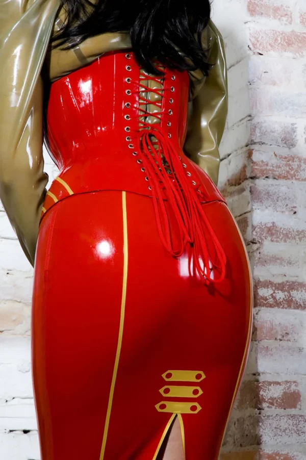 Military Style Latex Pencil Skirt with Gold Striped Detail