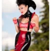 Bijou High-Waist Latex Skirt with Ruffled Hem – Red and Black Colorblock Design