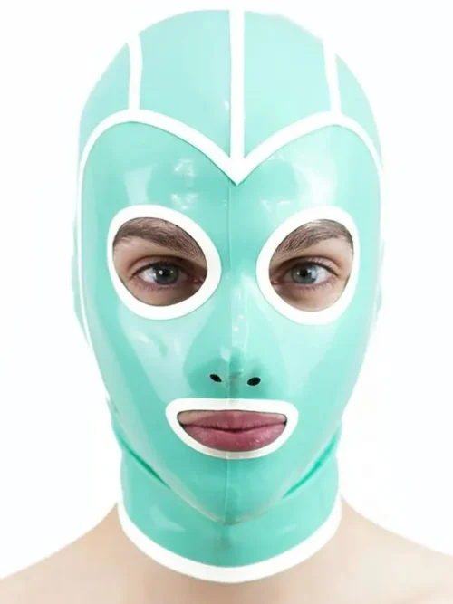 Mint Green Latex Hood with White Trim – Round Eye Cutouts & Rear Zipper