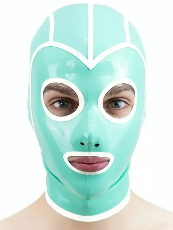 Mint Green Latex Hood with White Trim – Round Eye Cutouts & Rear Zipper