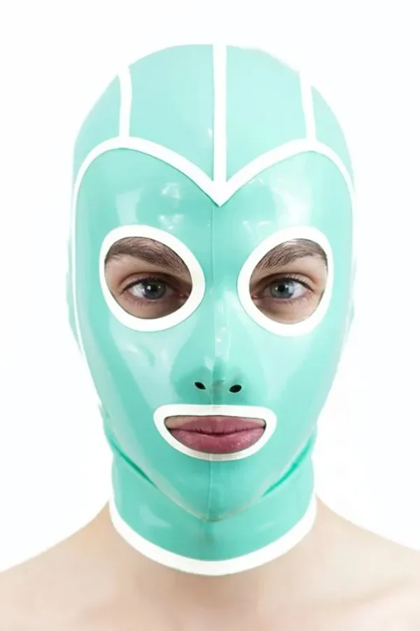 Mint Green Latex Hood with White Trim – Round Eye Cutouts & Rear Zipper
