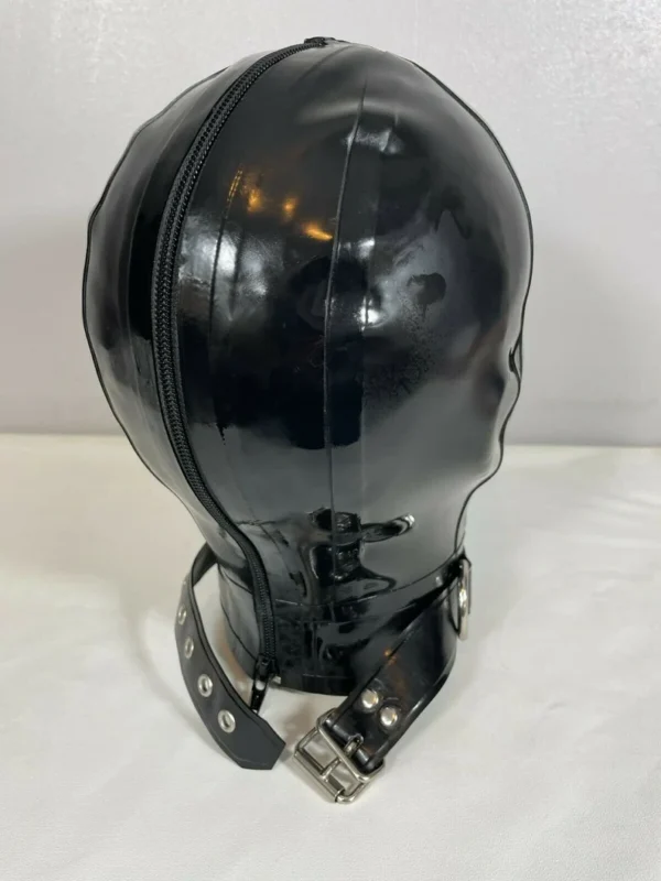 Heavy-Duty Latex Gimp Hood with Detachable Blindfold, Collar and D-Rings – 0.80mm Rubber Mask with Back Zipper
