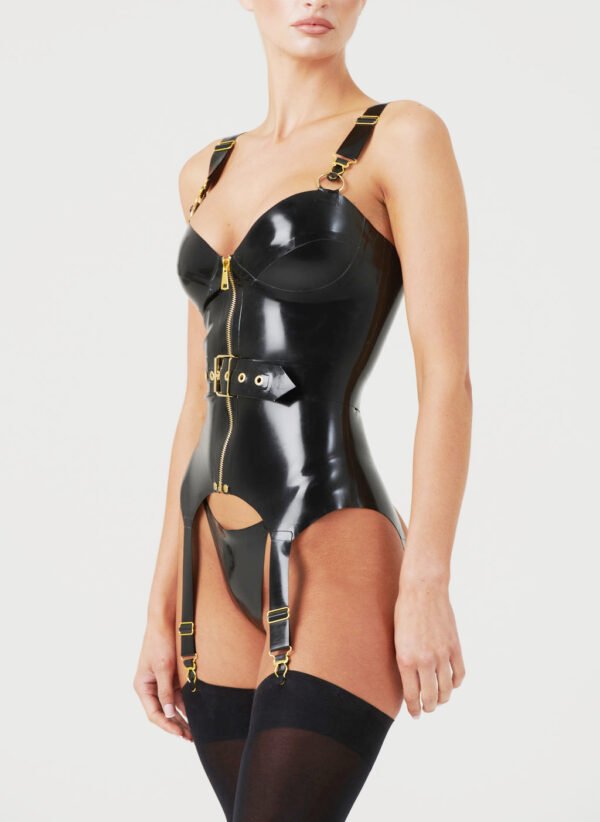 Latex Queen Harness Corset Top with Gold Zip and Belt