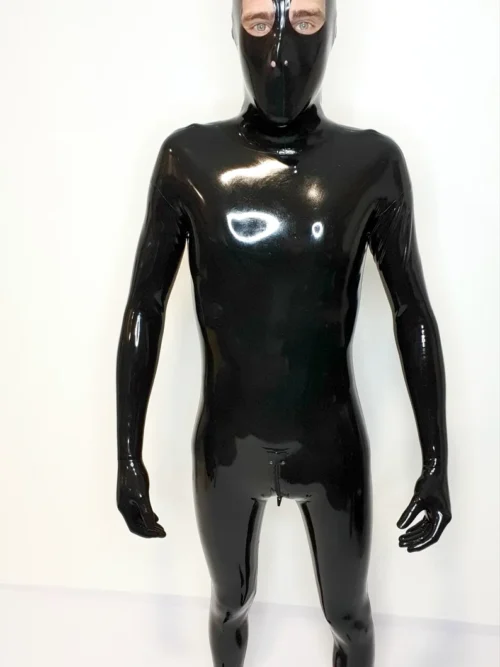 Full Cover Latex Zentai Catsuit with Integrated Hood, Hands & Feet – Black