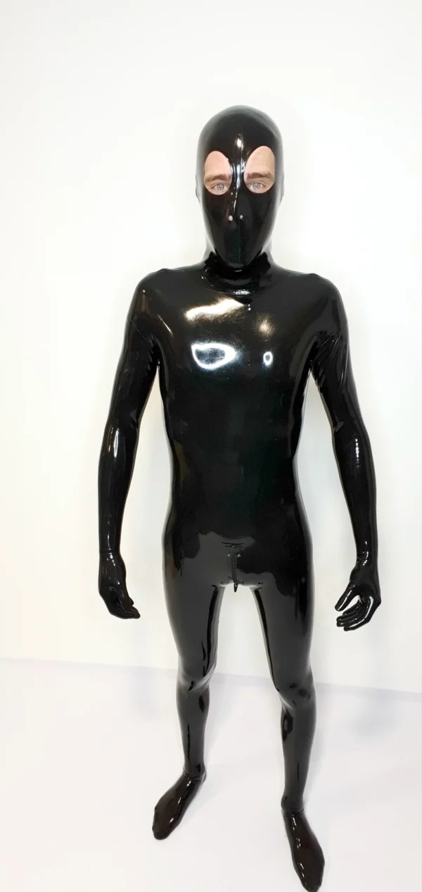 Full Cover Latex Zentai Catsuit with Integrated Hood, Hands & Feet – Black
