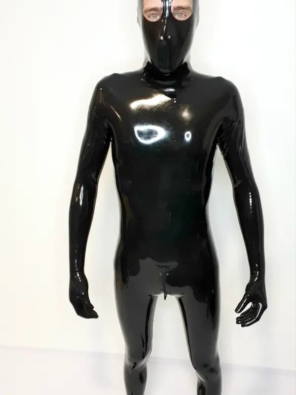 Full Cover Latex Zentai Catsuit with Integrated Hood, Hands & Feet – Black