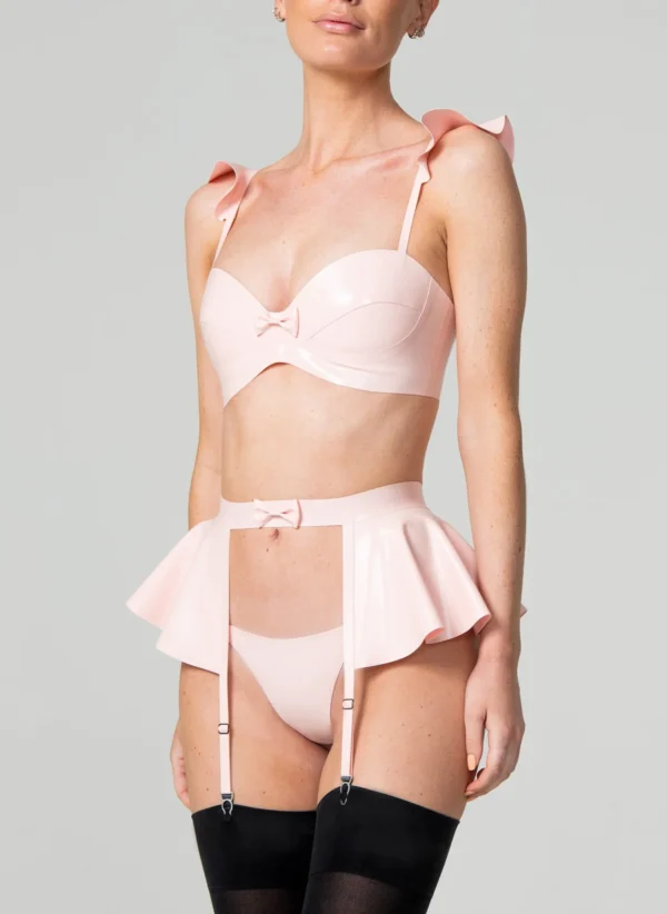 Latex Flowers Pink Lingerie Set with Frill Bra and Peplum Suspender Belt